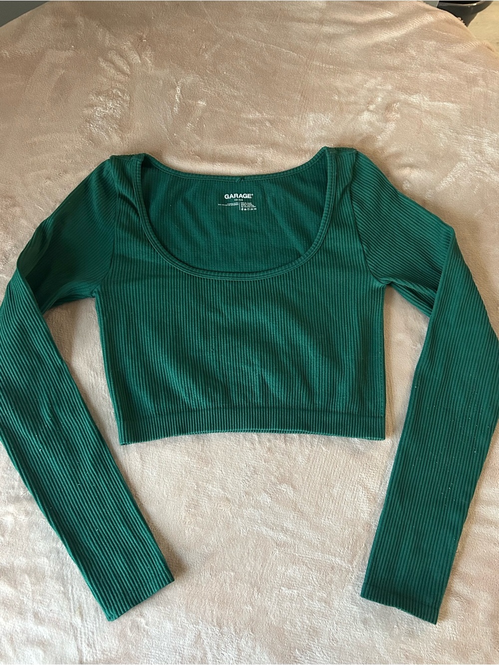 Garage Green Seamless Ribbed Scoop Neck Long Sleeve Crop Top XS
